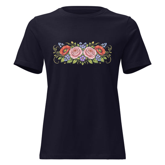 Rose Poppy Flat Bouquet Tee Folk Art Floral Women’s Shirt - Inken Image