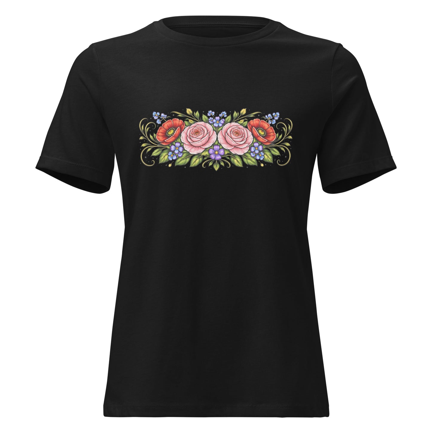 Rose Poppy Flat Bouquet Tee Folk Art Floral Women’s Shirt - Inken Image