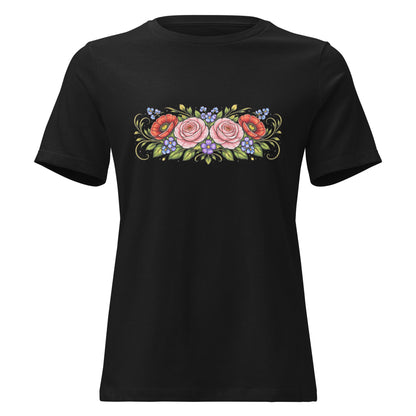 Rose Poppy Flat Bouquet Tee Folk Art Floral Women’s Shirt - Inken Image