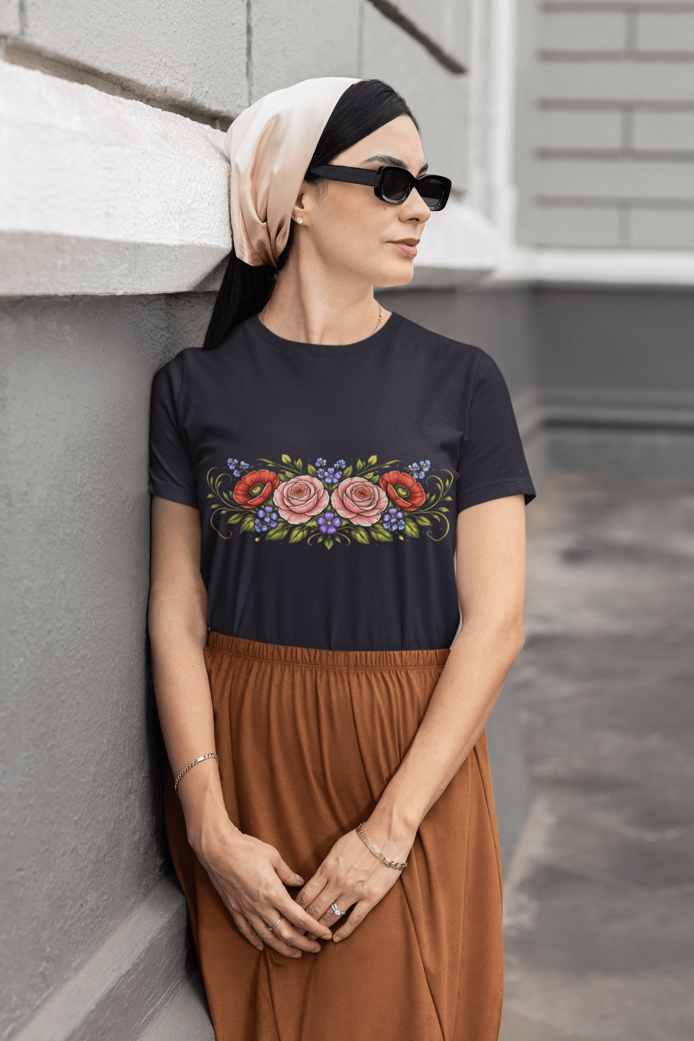 Rose Poppy Flat Bouquet Tee Folk Art Floral Women’s Shirt - Inken Image