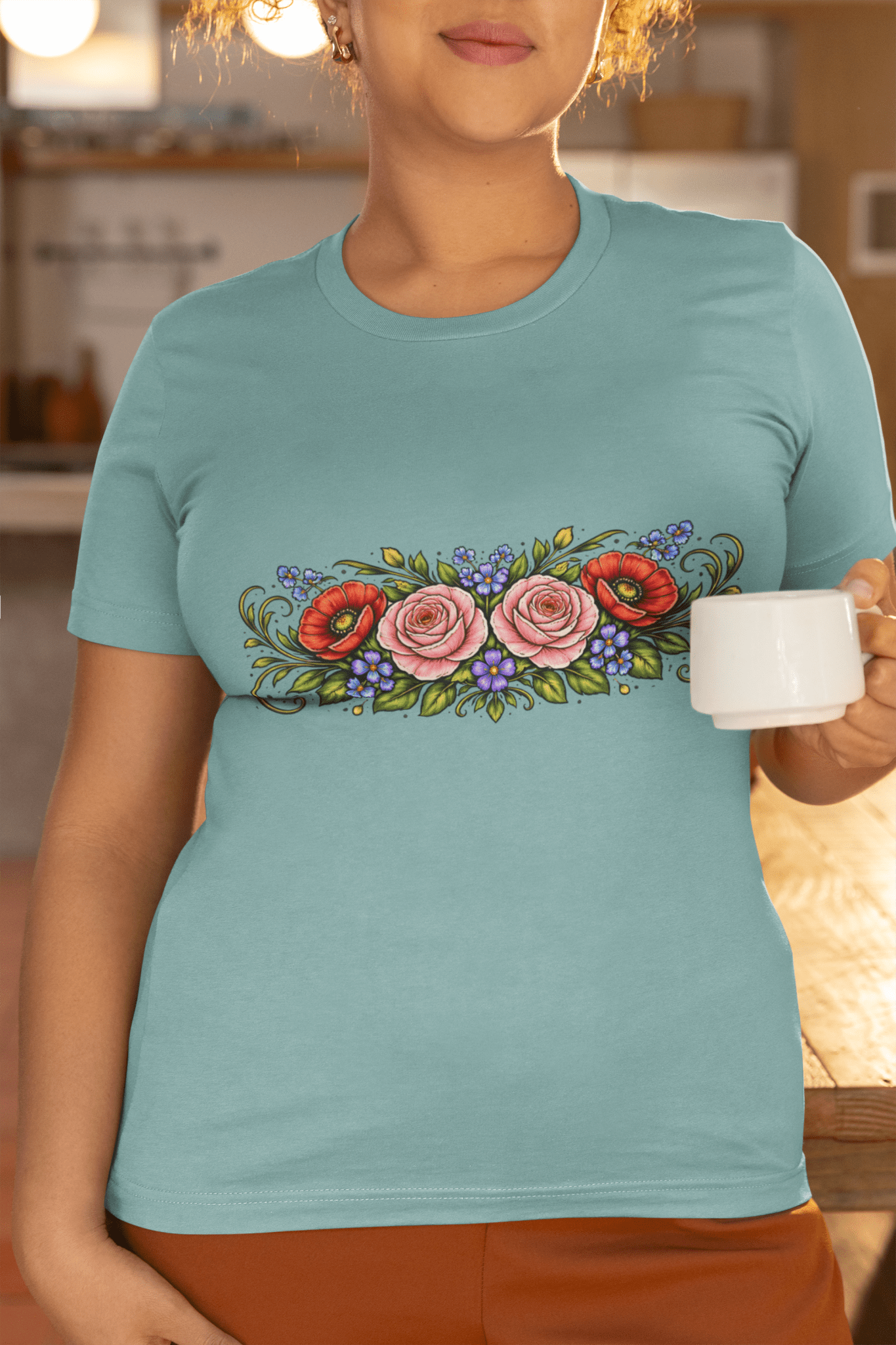 Rose Poppy Flat Bouquet Tee Folk Art Floral Women’s Shirt - Inken Image