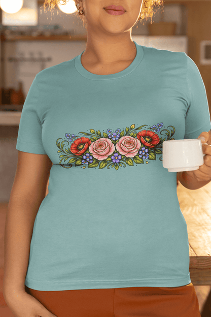 Rose Poppy Flat Bouquet Tee Folk Art Floral Women’s Shirt - Inken Image