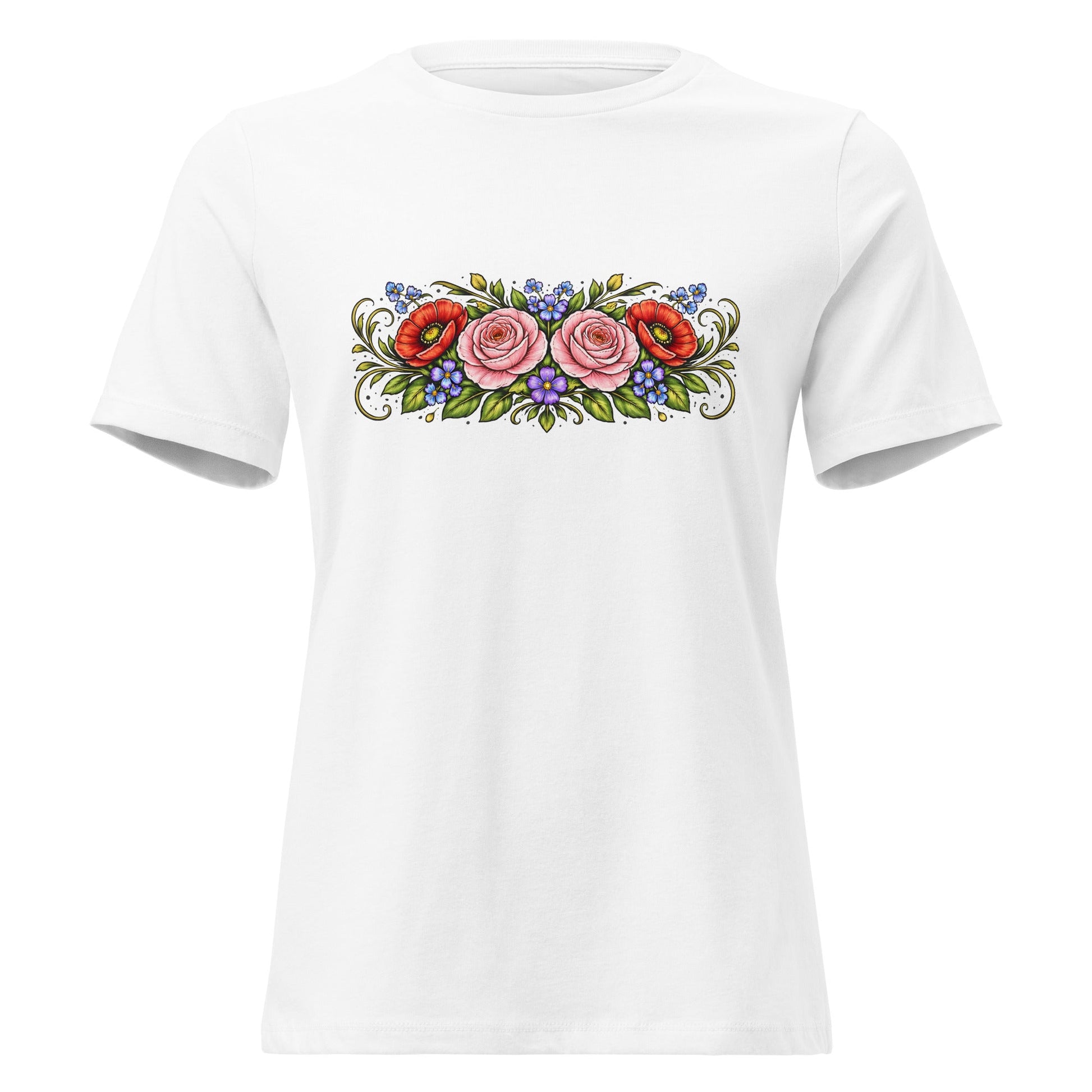 Rose Poppy Flat Bouquet Tee Folk Art Floral Women’s Shirt - Inken Image