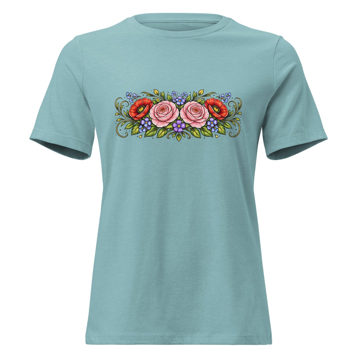 Rose Poppy Flat Bouquet Tee Folk Art Floral Women’s Shirt - Inken Image