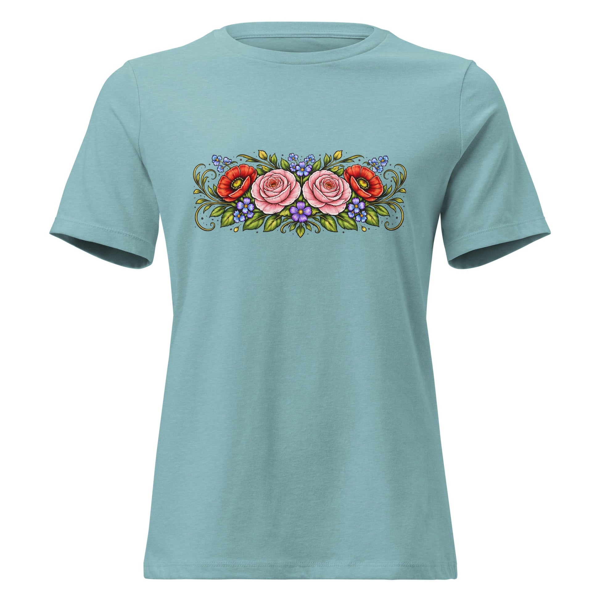Rose Poppy Flat Bouquet Tee Folk Art Floral Women’s Shirt - Inken Image