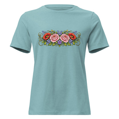 Rose Poppy Flat Bouquet Tee Folk Art Floral Women’s Shirt - Inken Image
