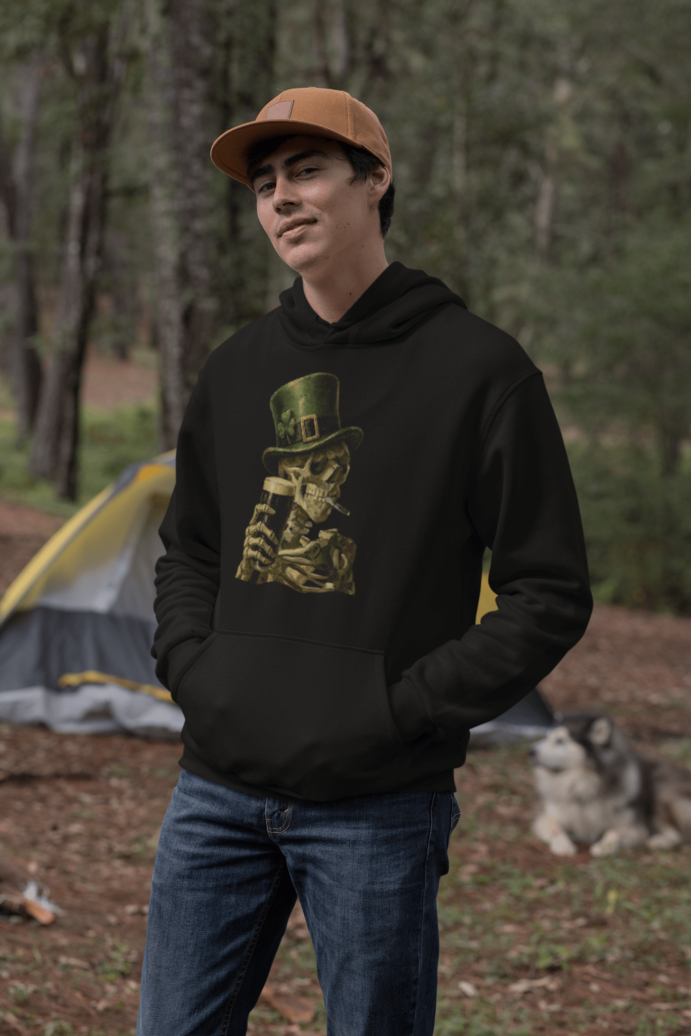 Skeleton with Burning Cigarette and Pint St Patricks Day Hoodie Irish Pub Skull Sweatshirt - Inken Image