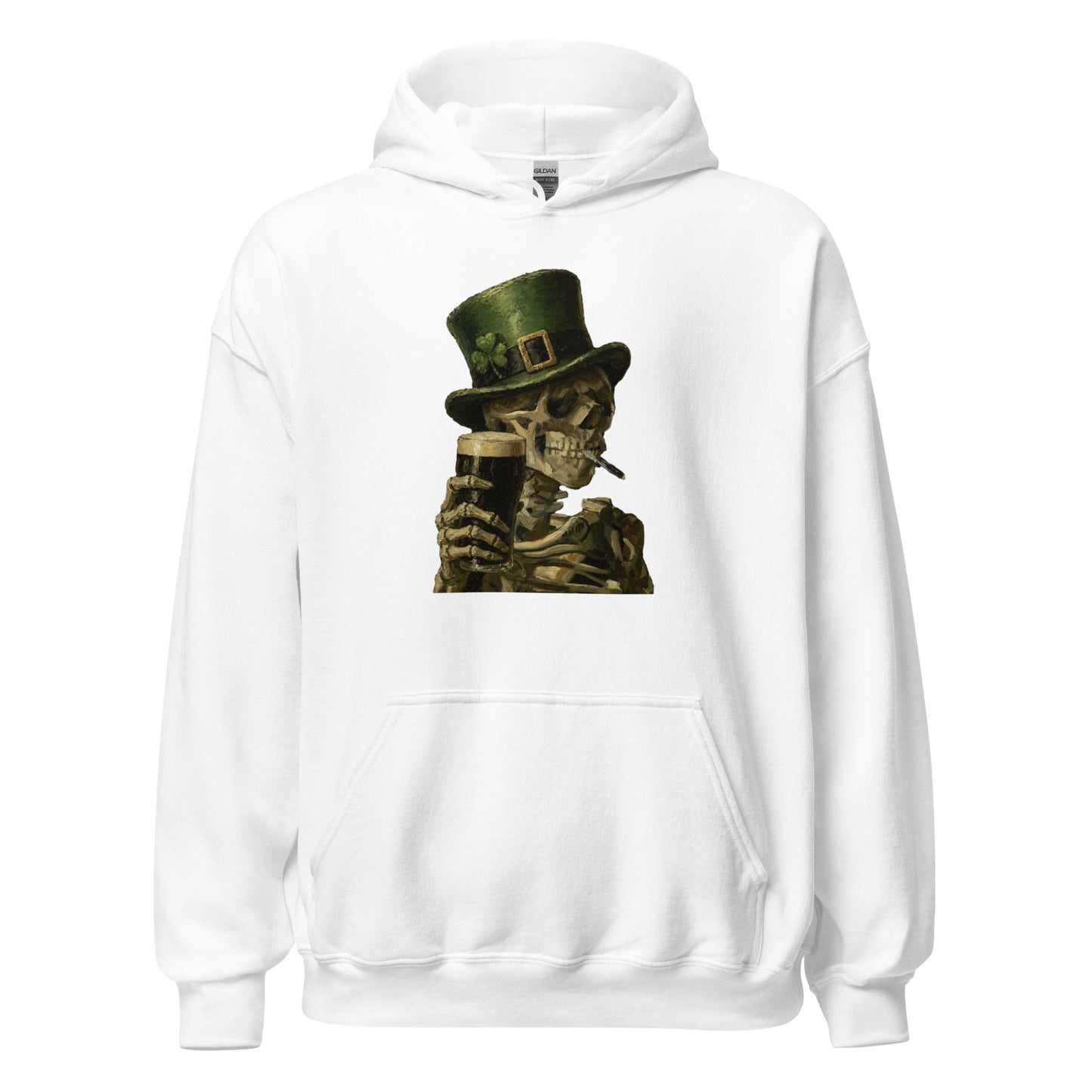 Skeleton with Burning Cigarette and Pint St Patricks Day Hoodie Irish Pub Skull Sweatshirt - Inken Image