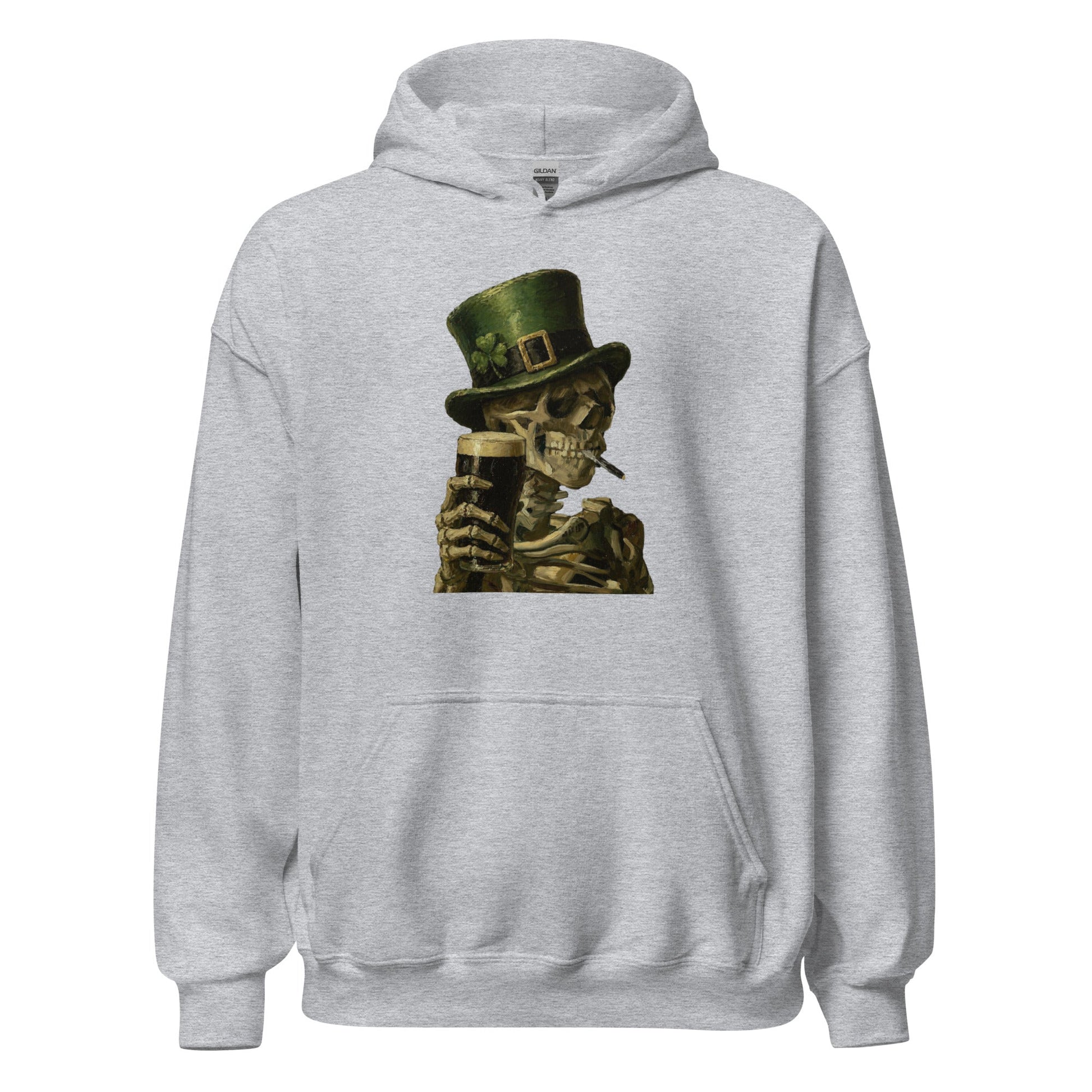Skeleton with Burning Cigarette and Pint St Patricks Day Hoodie Irish Pub Skull Sweatshirt - Inken Image