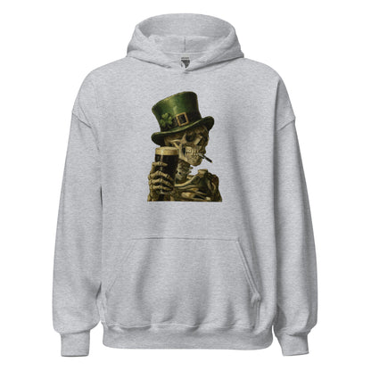 Skeleton with Burning Cigarette and Pint St Patricks Day Hoodie Irish Pub Skull Sweatshirt - Inken Image