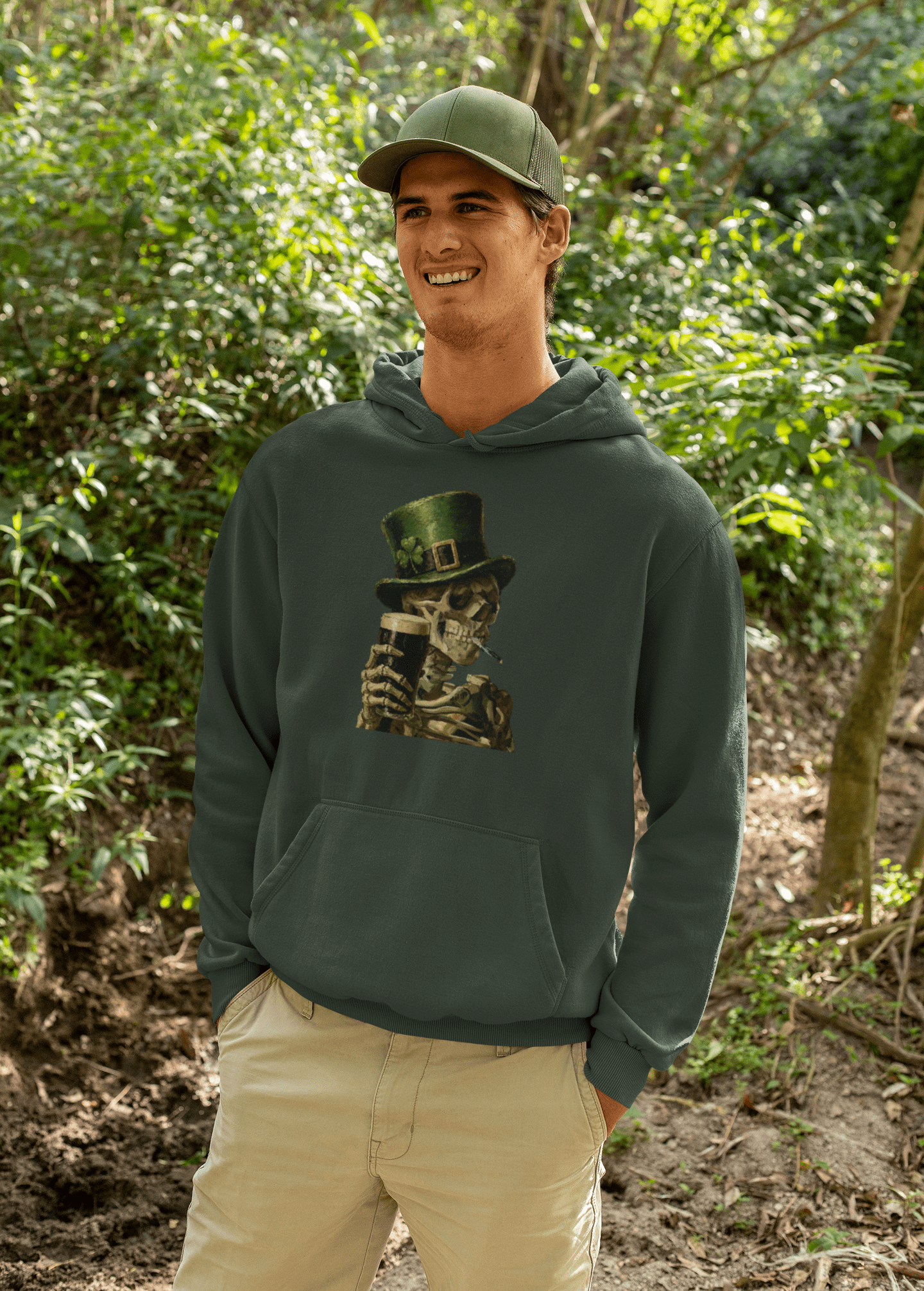 Skeleton with Burning Cigarette and Pint St Patricks Day Hoodie Irish Pub Skull Sweatshirt - Inken Image