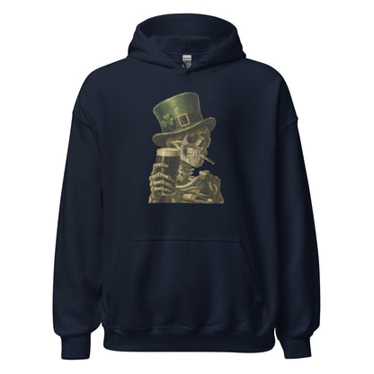 Skeleton with Burning Cigarette and Pint St Patricks Day Hoodie Irish Pub Skull Sweatshirt - Inken Image