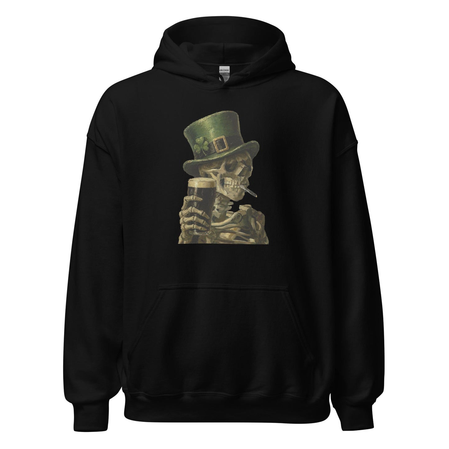 Skeleton with Burning Cigarette and Pint St Patricks Day Hoodie Irish Pub Skull Sweatshirt - Inken Image