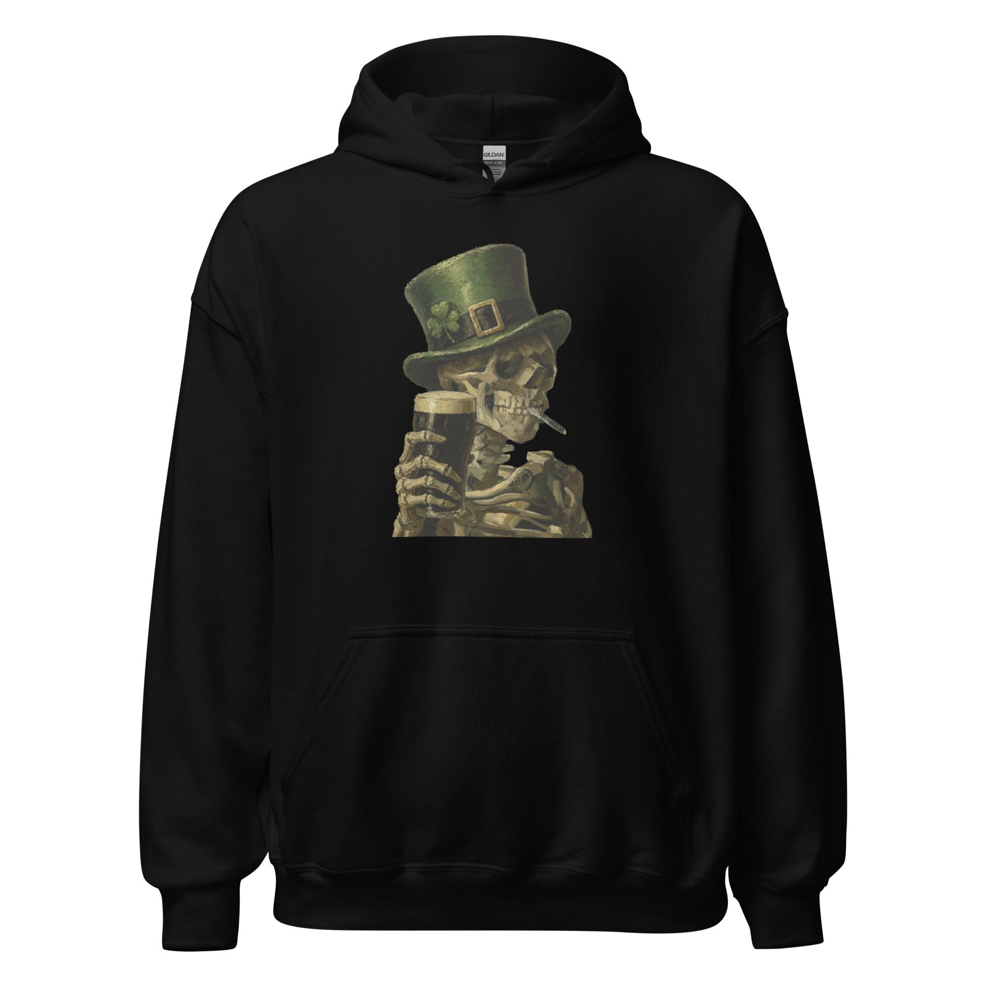 Skeleton with Burning Cigarette and Pint St Patricks Day Hoodie Irish Pub Skull Sweatshirt - Inken Image
