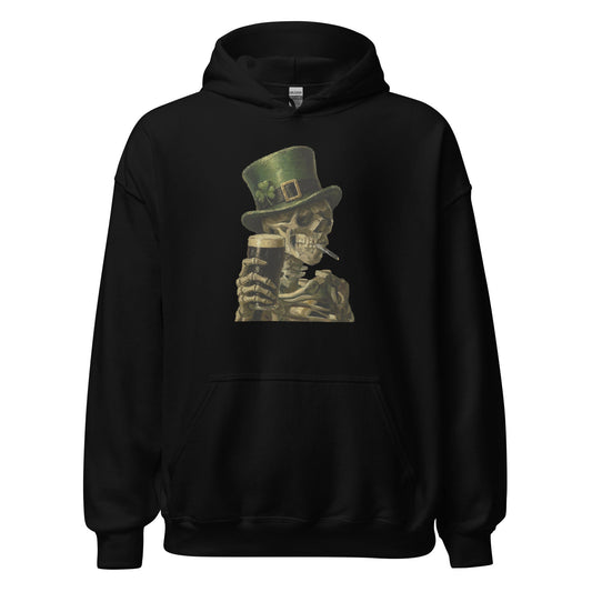 Skeleton with Burning Cigarette and Pint St Patricks Day Hoodie Irish Pub Skull Sweatshirt - Inken Image