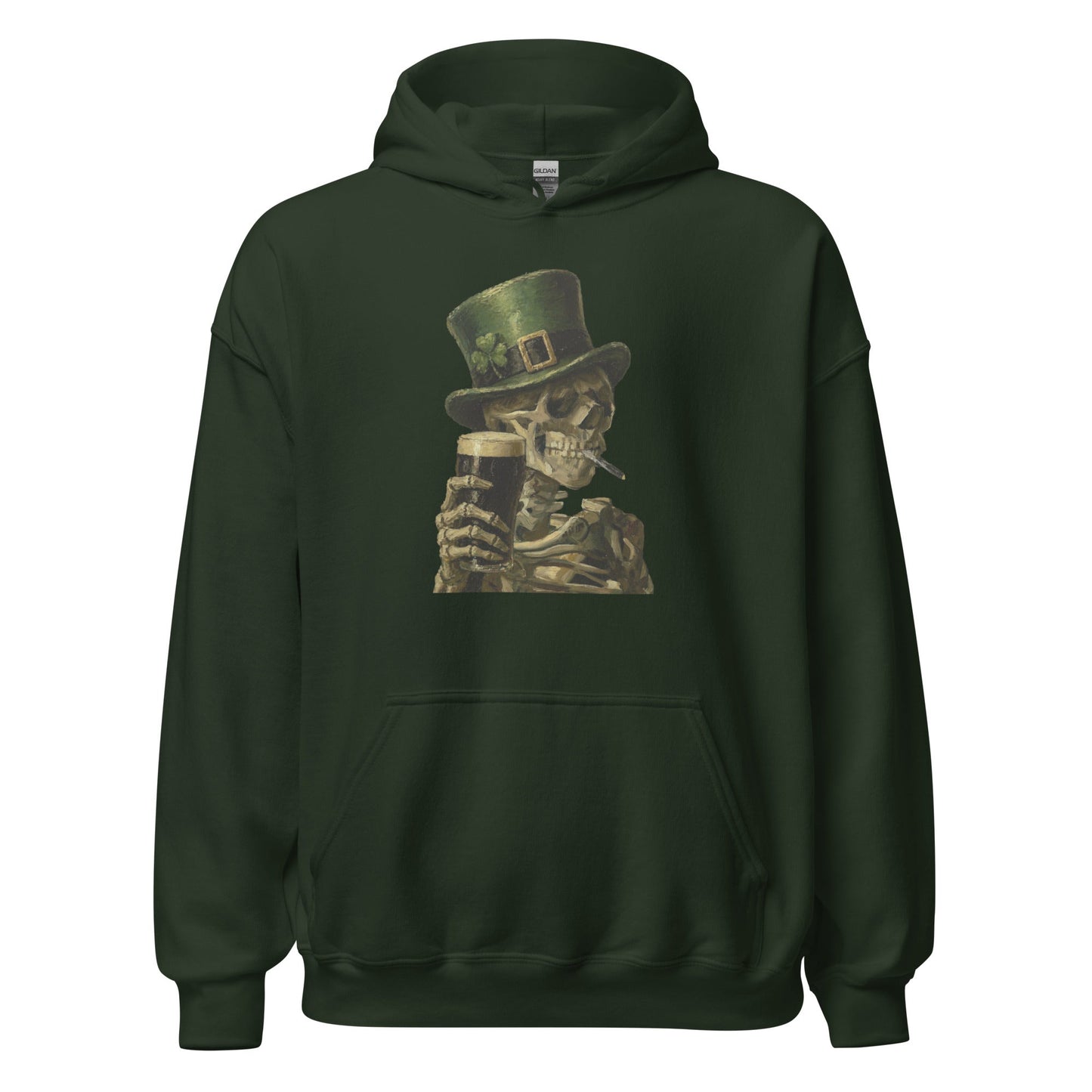 Skeleton with Burning Cigarette and Pint St Patricks Day Hoodie Irish Pub Skull Sweatshirt - Inken Image