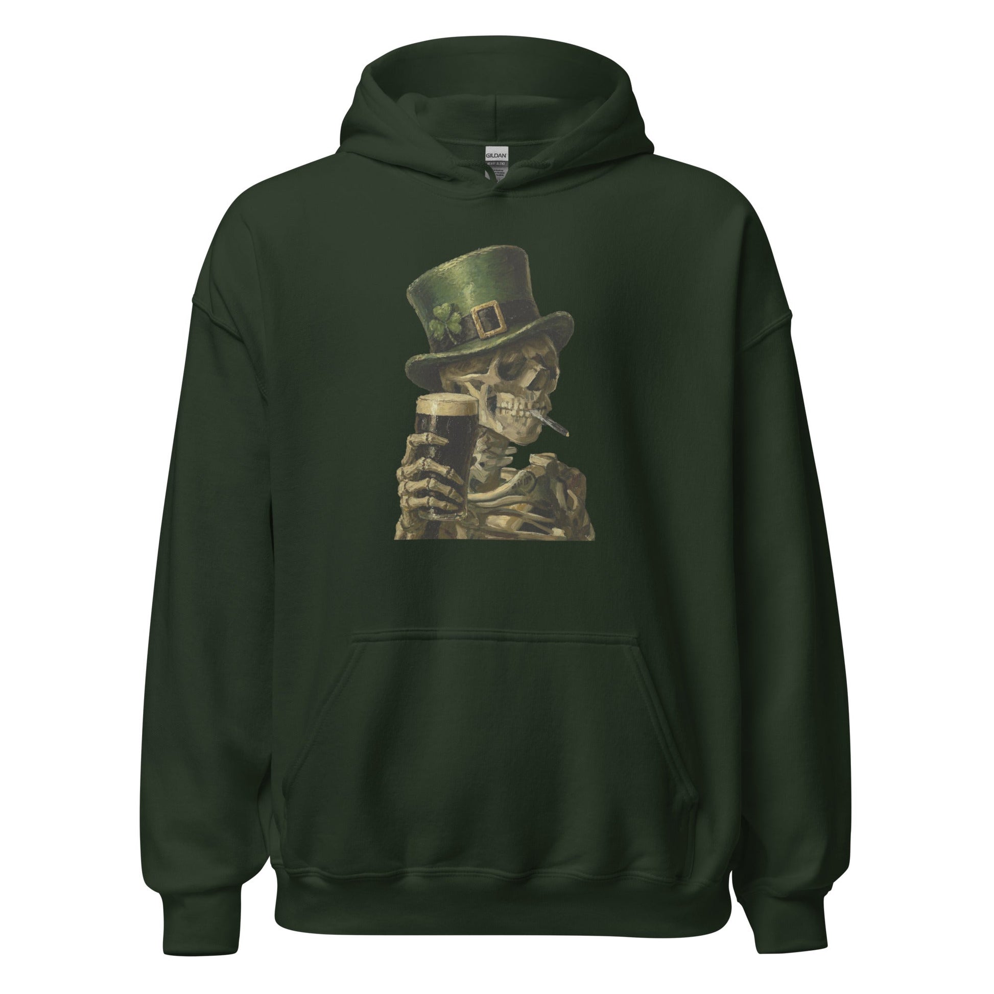 Skeleton with Burning Cigarette and Pint St Patricks Day Hoodie Irish Pub Skull Sweatshirt - Inken Image