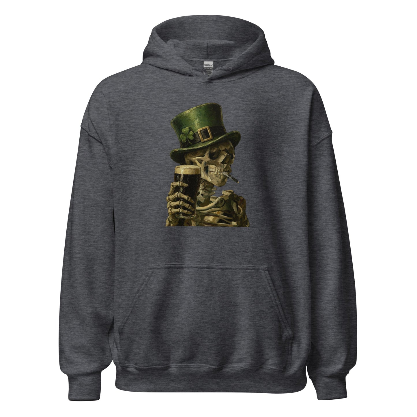 Skeleton with Burning Cigarette and Pint St Patricks Day Hoodie Irish Pub Skull Sweatshirt - Inken Image