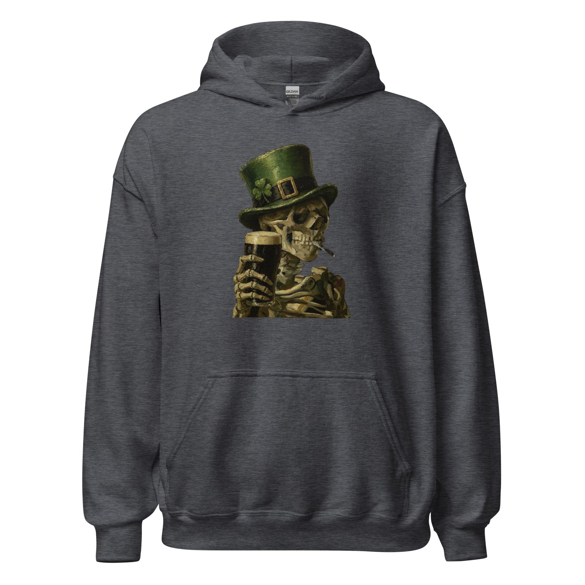 Skeleton with Burning Cigarette and Pint St Patricks Day Hoodie Irish Pub Skull Sweatshirt - Inken Image