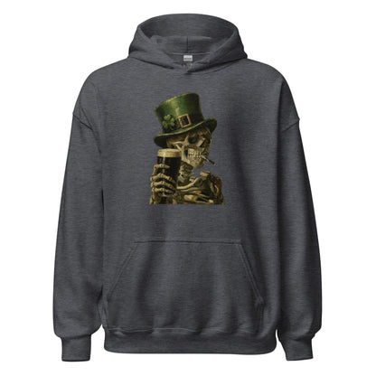 Skeleton with Burning Cigarette and Pint St Patricks Day Hoodie Irish Pub Skull Sweatshirt - Inken Image