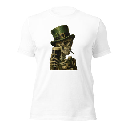 Skeleton with Burning Cigarette and Pint St Patricks Day Shirt Irish Pub Skull Tee - Inken Image