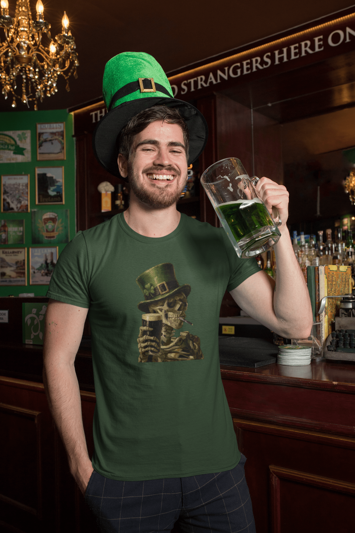 Skeleton with Burning Cigarette and Pint St Patricks Day Shirt Irish Pub Skull Tee - Inken Image