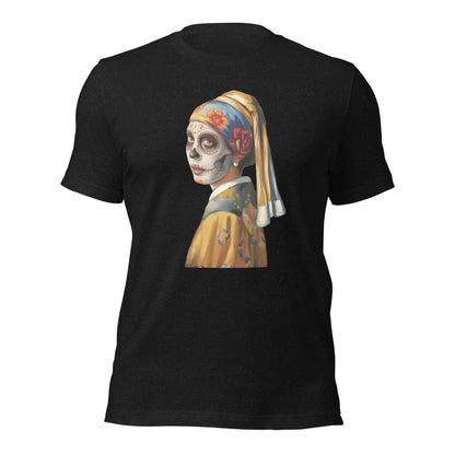 Sugar Skull Girl With Pearl Earring Shirt Dia De Los Muertos Renaissance Tee - Inken Image