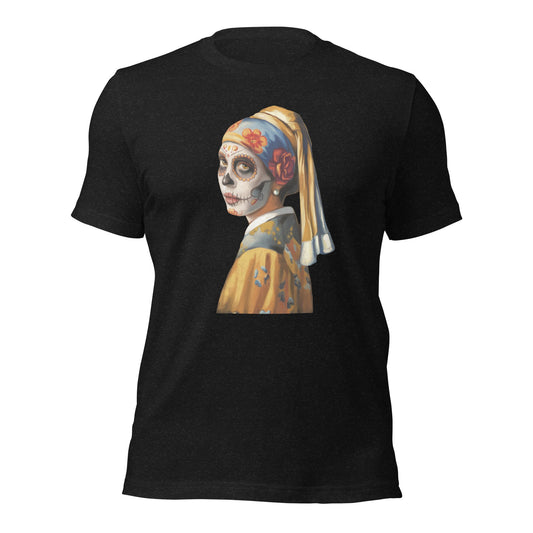 Sugar Skull Girl With Pearl Earring Shirt Dia De Los Muertos Renaissance Tee - Inken Image