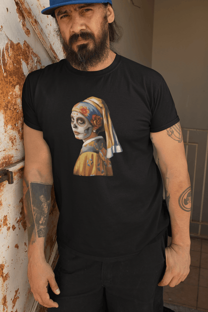 Sugar Skull Girl With Pearl Earring Shirt Dia De Los Muertos Renaissance Tee - Inken Image