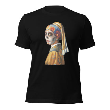 Sugar Skull Girl With Pearl Earring Shirt Dia De Los Muertos Renaissance Tee - Inken Image