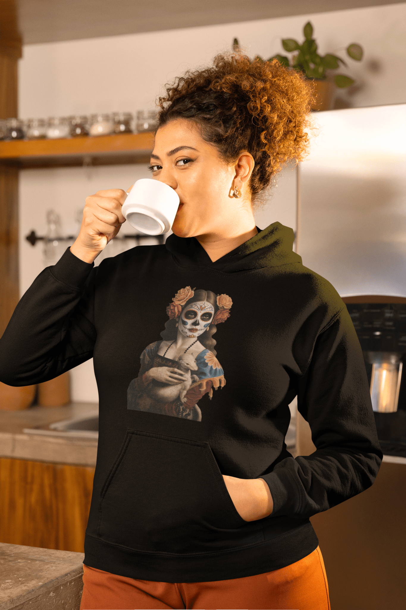 Sugar Skull Lady with Ermine Hoodie Dia De Los Muertos Renaissance Sweatshirt - Inken Image