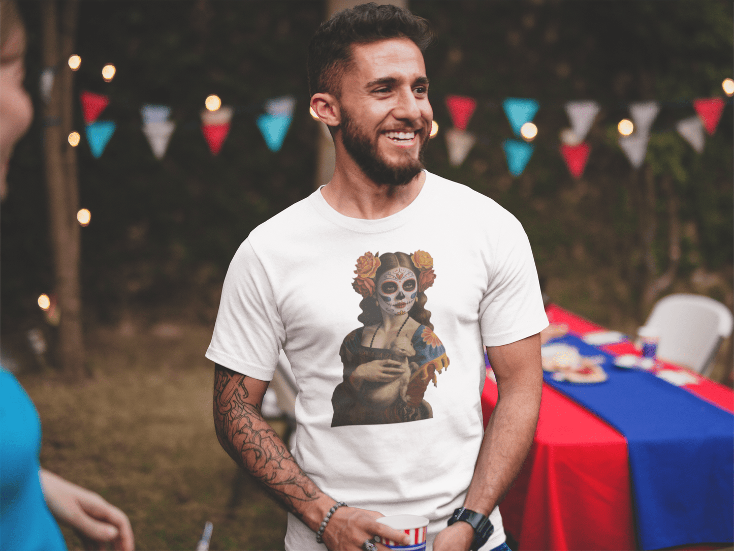 Sugar Skull Lady with Ermine Shirt Dia De Los Muertos Renaissance Tee - Inken Image