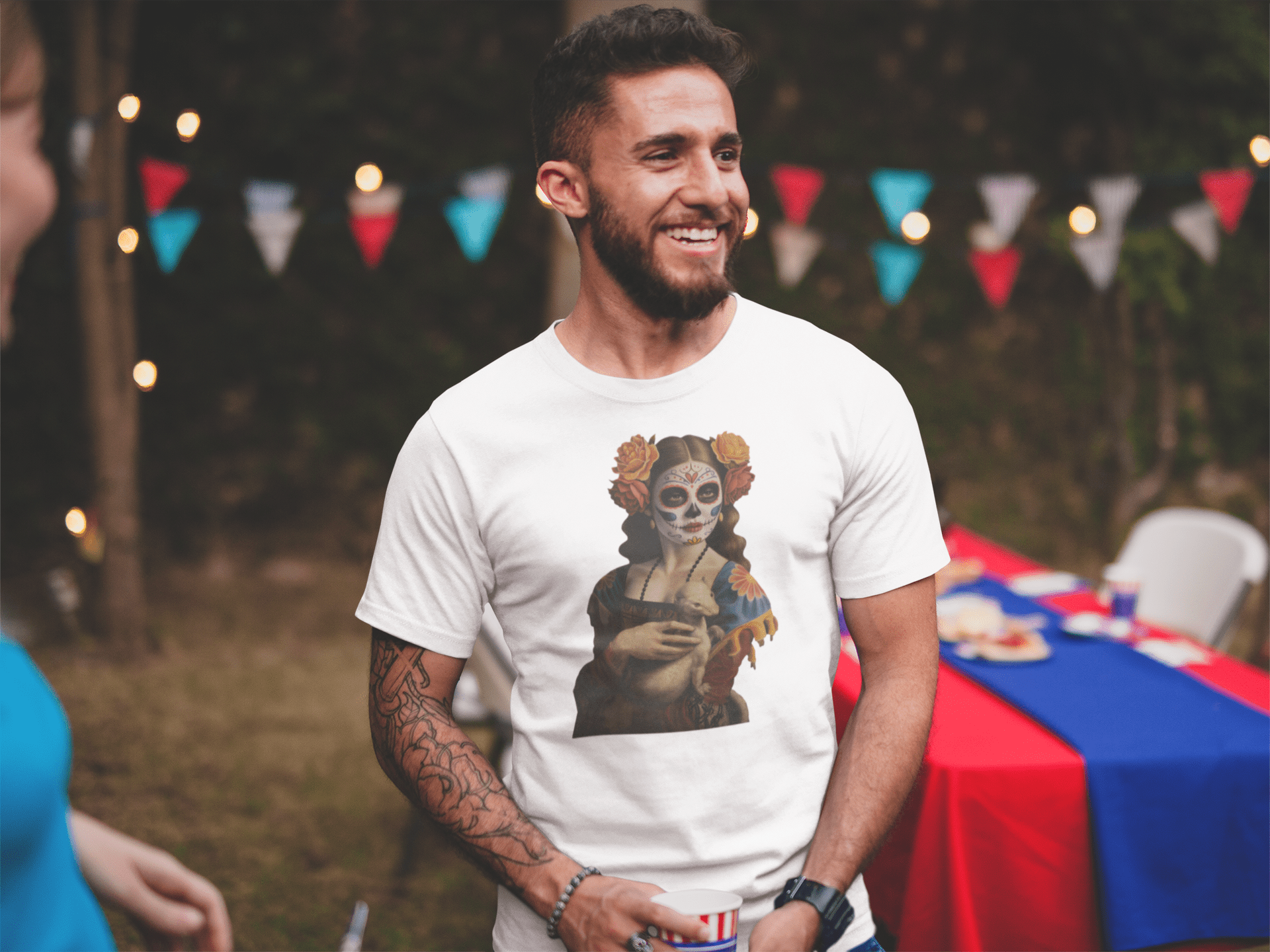 Sugar Skull Lady with Ermine Shirt Dia De Los Muertos Renaissance Tee - Inken Image
