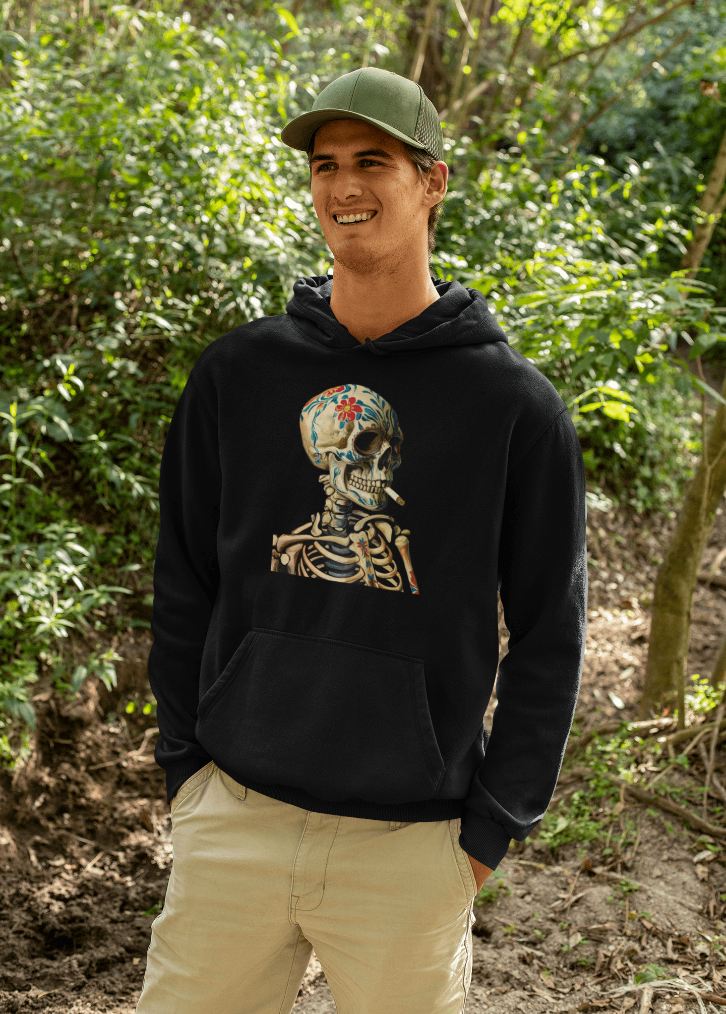 Sugar Skull Skeleton Smoking Cigarette Hoodie Dia De Los Muertos Gothic Sweatshirt - Inken Image