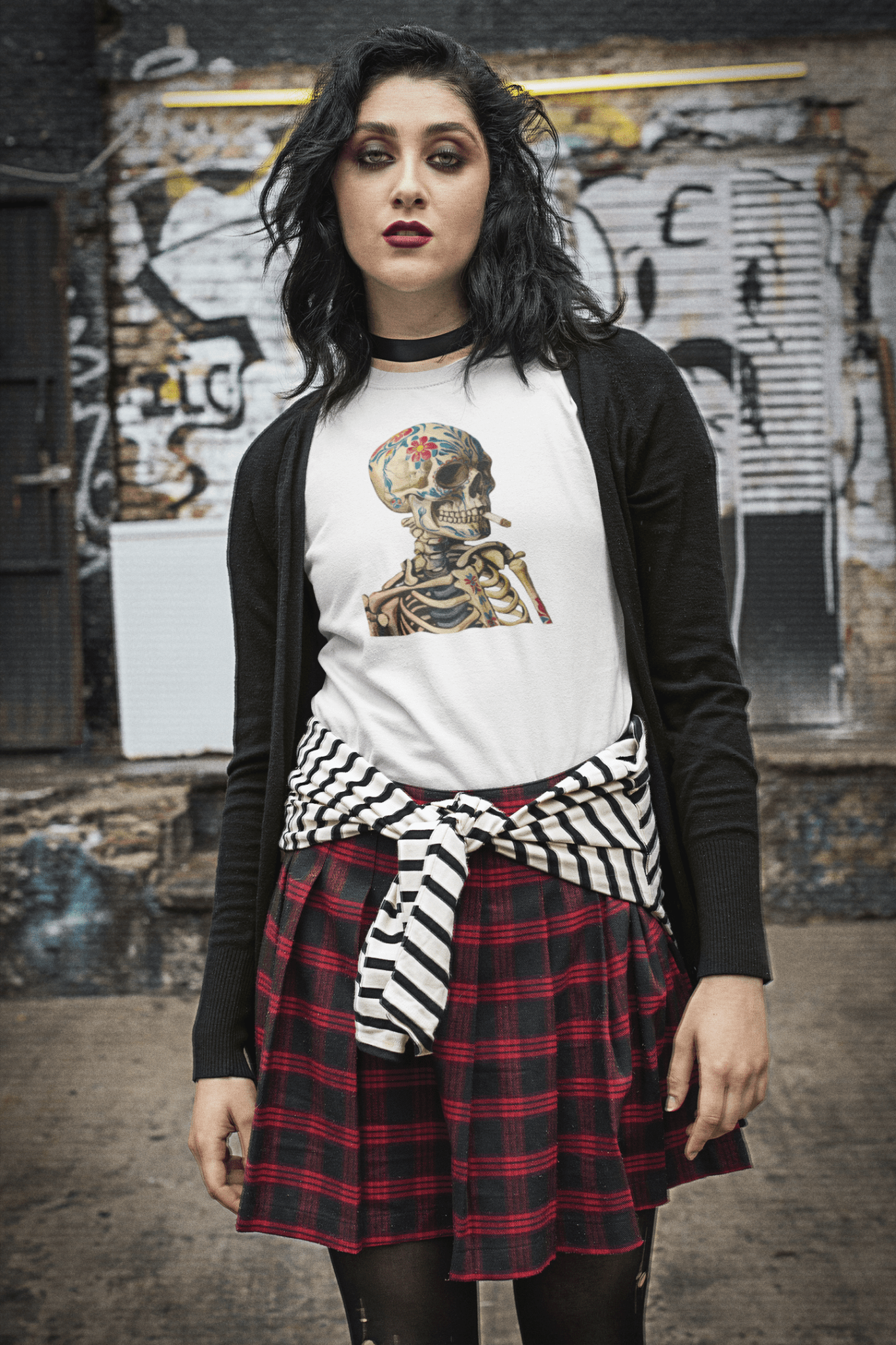 Sugar Skull Skeleton Smoking Cigarette Shirt Dia De Los Muertos Gothic Tee - Inken Image