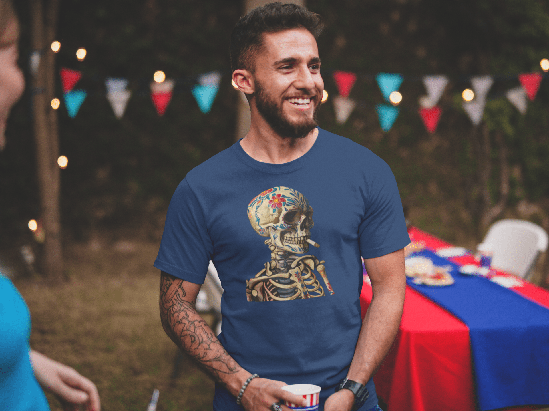 Sugar Skull Skeleton Smoking Cigarette Shirt Dia De Los Muertos Gothic Tee - Inken Image