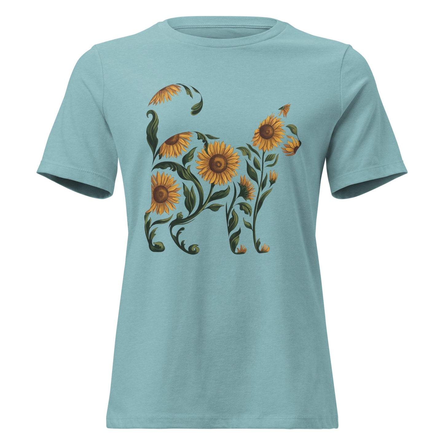 Sunflower Standing Cat Silhouette Botanical T-Shirt - Inken Image