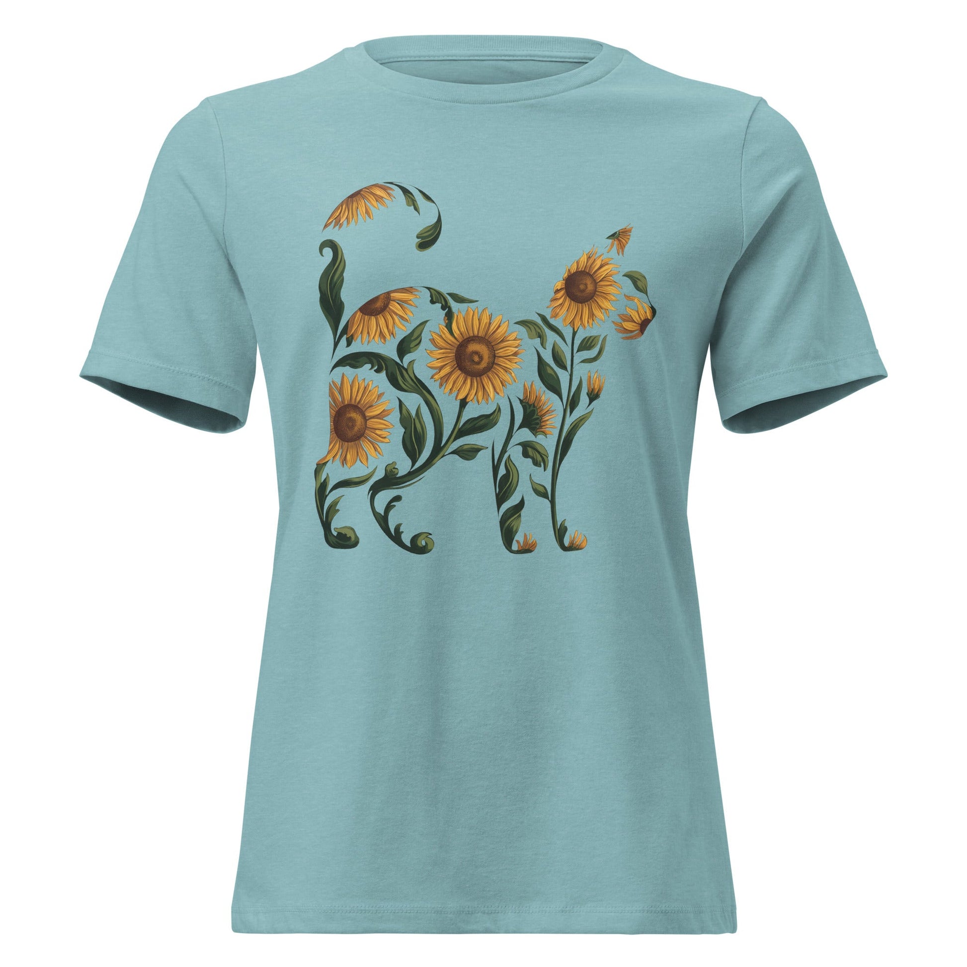 Sunflower Standing Cat Silhouette Botanical T-Shirt - Inken Image