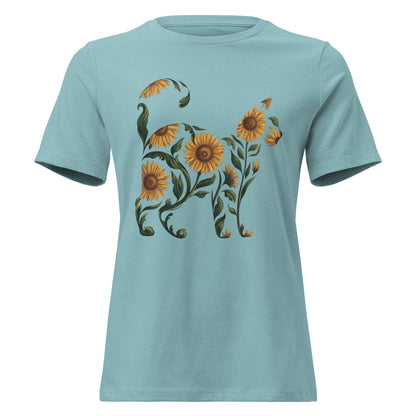 Sunflower Standing Cat Silhouette Botanical T-Shirt - Inken Image
