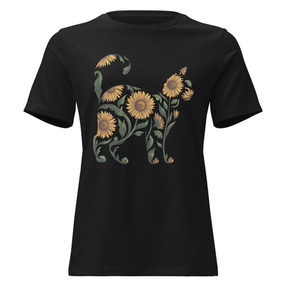 Sunflower Standing Cat Silhouette Botanical T-Shirt - Inken Image