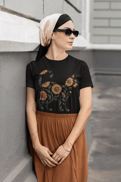 Sunflower Standing Cat Silhouette Botanical T-Shirt - Inken Image