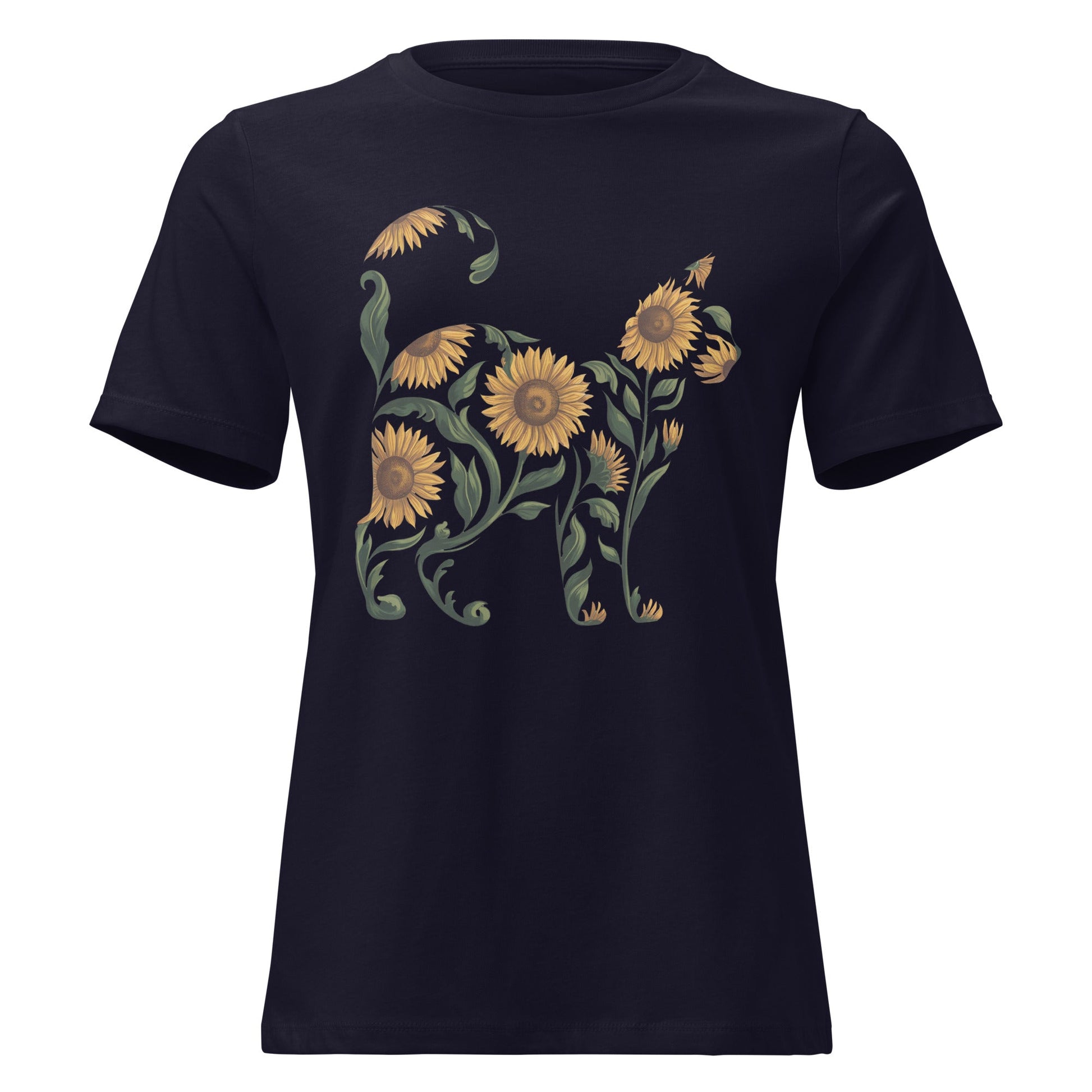 Sunflower Standing Cat Silhouette Botanical T-Shirt - Inken Image