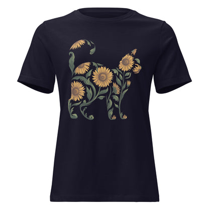Sunflower Standing Cat Silhouette Botanical T-Shirt - Inken Image