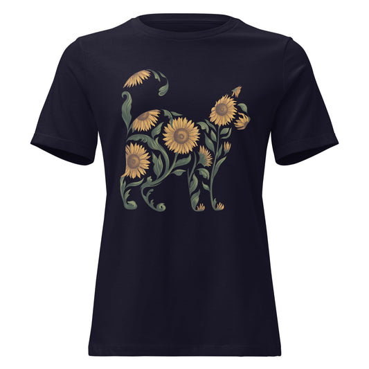 Sunflower Standing Cat Silhouette Botanical T-Shirt - Inken Image