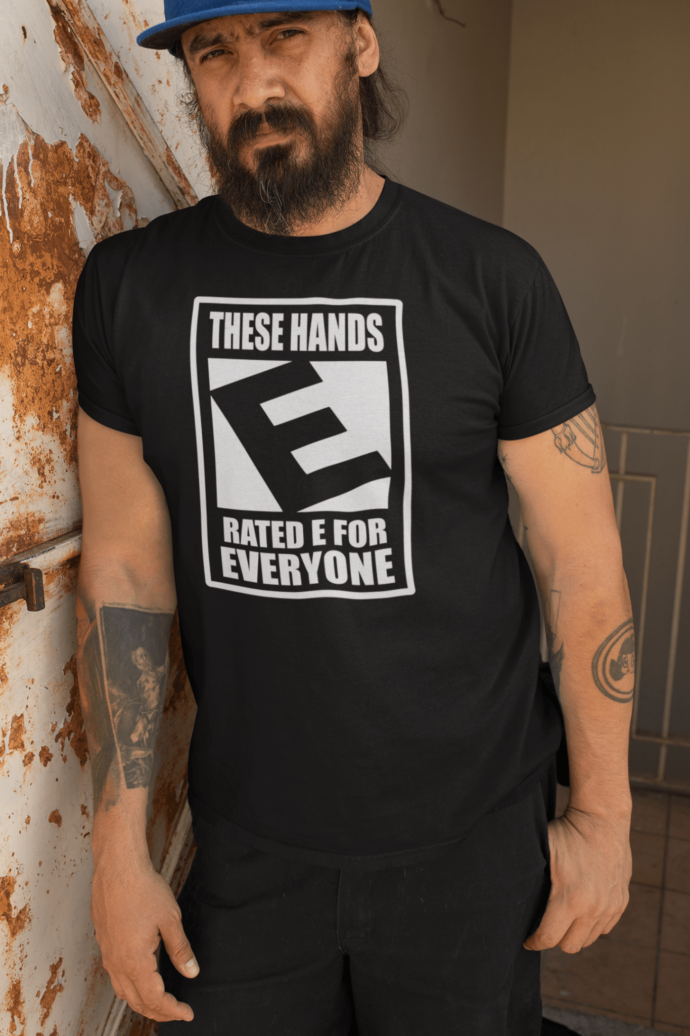These Hands Rated E For Everyone Warning Label T-Shirt - Inken Image