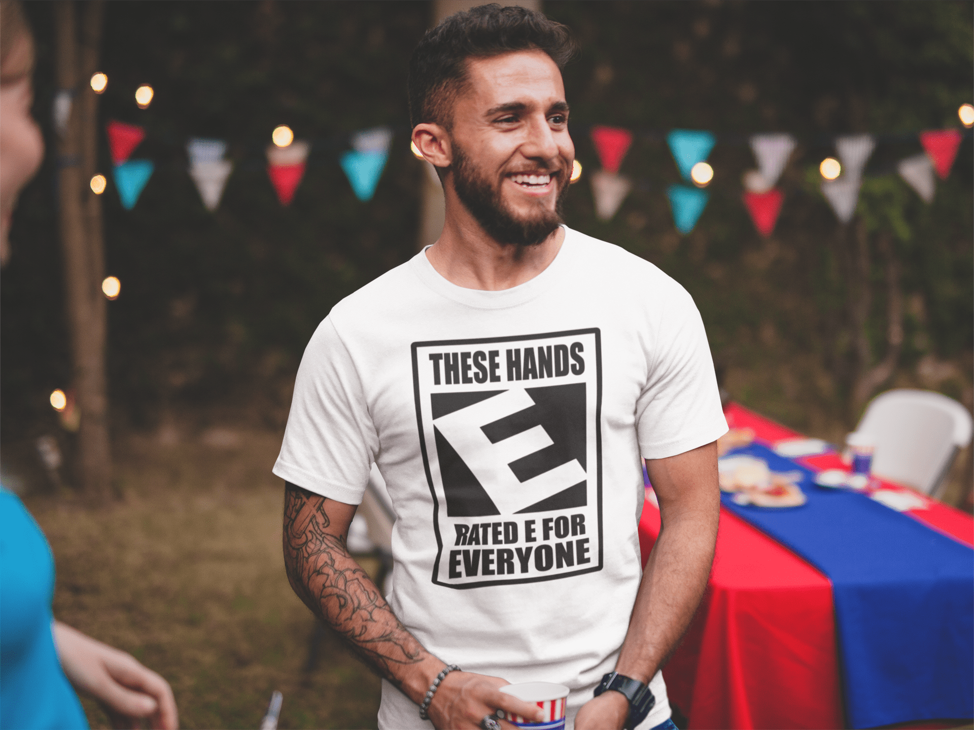 These Hands Rated E For Everyone Warning Label T-Shirt - Inken Image