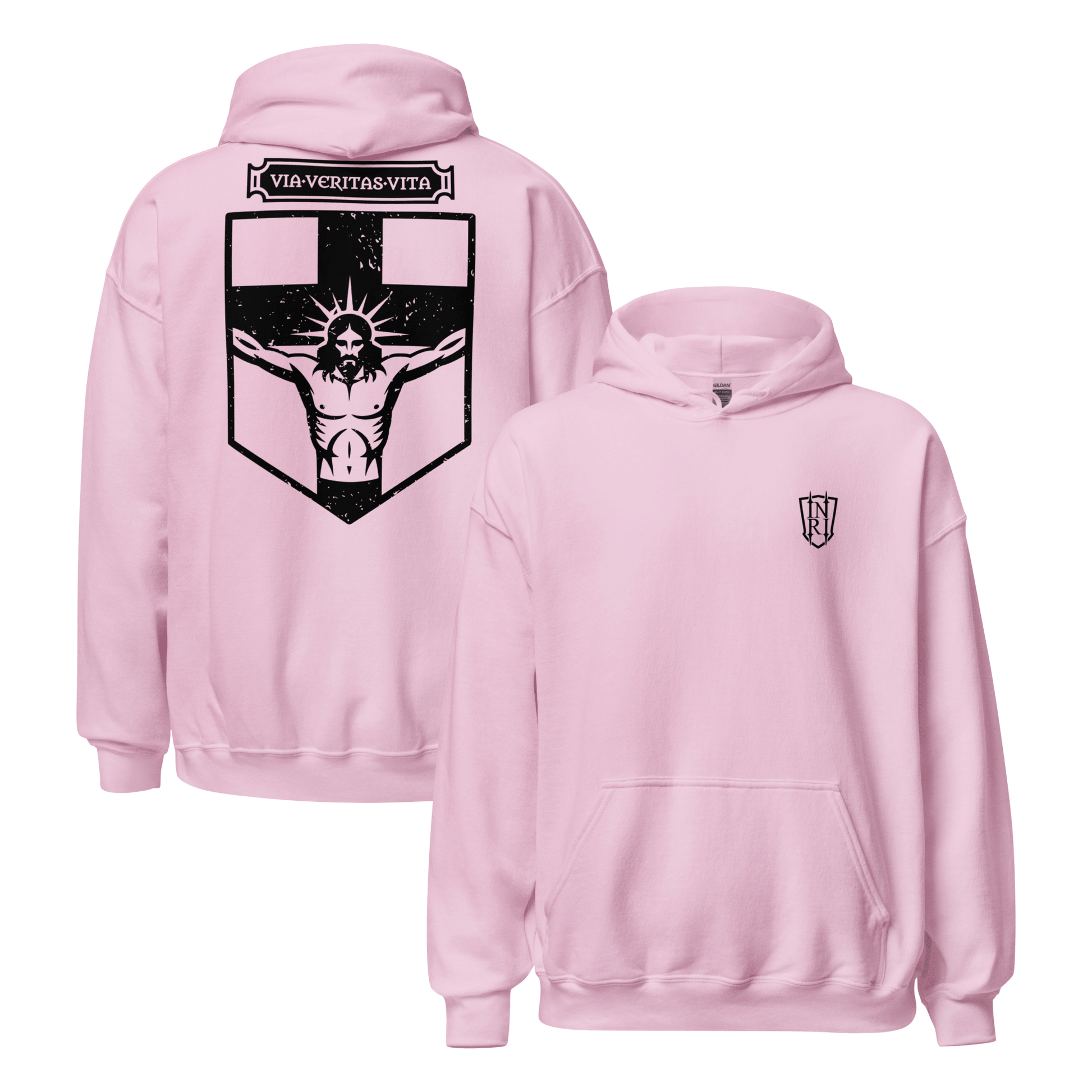 Via Veritas Vita, The Way Truth and Crucified Christ Icon Graphic Hoodie - Inken Image