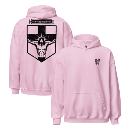 Via Veritas Vita, The Way Truth and Crucified Christ Icon Graphic Hoodie - Inken Image