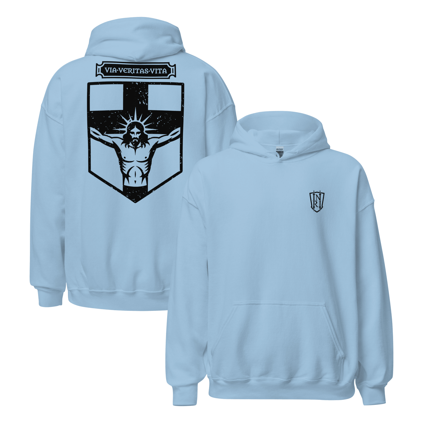 Via Veritas Vita, The Way Truth and Crucified Christ Icon Graphic Hoodie - Inken Image