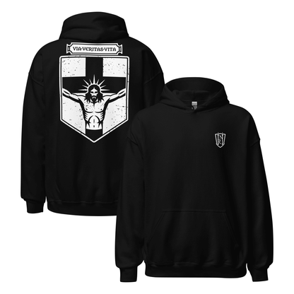 Via Veritas Vita, The Way Truth and Crucified Christ Icon Graphic Hoodie - Inken Image